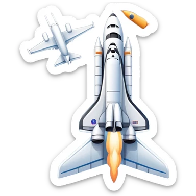 An icon featuring a space shuttle and an airplane against a starry sky, symbolizing aerospace technology. The design includes rocket boosters and satellite orbits, representing the exploration of space and advanced aviation. Transparent background sticker
