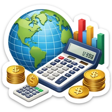 An icon featuring a calculator, a dollar sign, and a chart with upward trends, symbolizing economics. The design includes coins, bills, and a globe, representing global trade and financial systems. Transparent background highlights the study of markets, supply, and demand. sticker