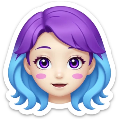 
de color azul claro brillante con manchas orgánicas en tonos morado y violeta.El rostro es expresivo y kawaii, con ojos grandes y brillantes, cejas pequeñas y una sonrisa abierta con lengua rosada. Estilo moderno, limpio y tierno, ideal como emoji, sticker o mascota digital.
 sticker