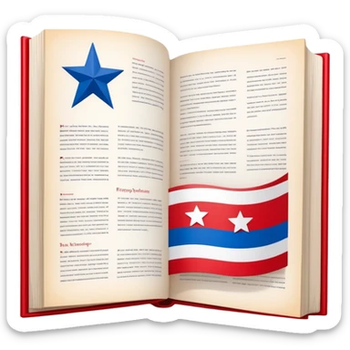 Theater scenography book with pages forming the Puerto Rican flag design, red and blue stripes with white star, showing stage elements and set designs sticker