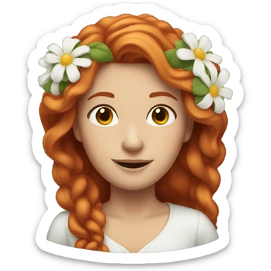 Long Red haired white woman with flowers in her hair with small smile sticker