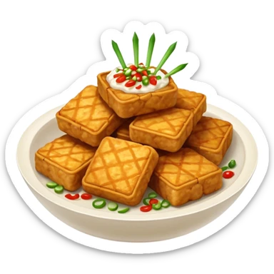 tofu tempe fried snacks fritters in a white bowl white sambal sticker