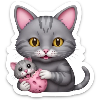 A cat with a gray dead mouse in its mouth sticker