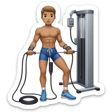 athlete standing next to cable-machine with cable tied to ankle cuffs (for leg exercise) sticker