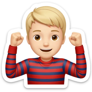 A boy with stripes across his cheeks, raising his fists in excitement. sticker