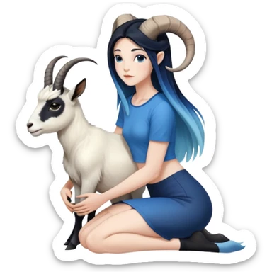 Art of a human white woman's very large perfect body scheme anatomy-very long straight black to blue hair ombre-small goat horns-lean back-on knees sticker