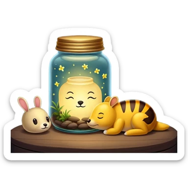 firefly jar used as night lamp beside sleeping critter sticker