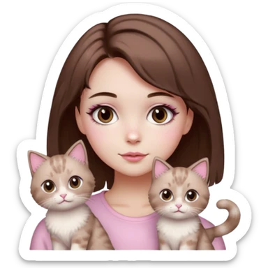 girl with short brown hair, pink soft girl aesthetic, cute makeup, skincare, sparkles, two light brown ragdoll cats sticker