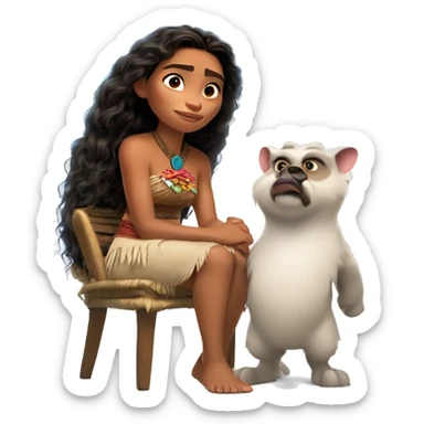 The hero Pua from the cartoon Moana sits on a chair. Moana is standing nearby. White background sticker