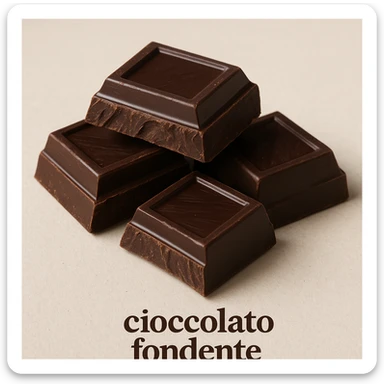 photo realistic pieces of dark chocolate on a light background with the label 'cioccolato fondente' in Italian sticker