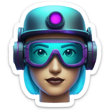 Secret humanoid agent in a futuristic hat with in Apple VR goggles headset code display on the goggles , cyberpunk, cyan and purple colors, only upper body portrait, front facing the camera  sticker
