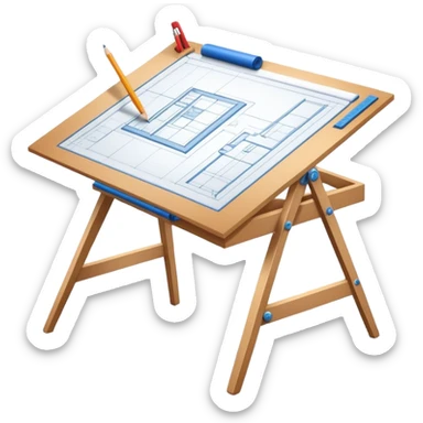 Sleek icon for Architecture: engineer's drawing board with blueprints 3D model of the building,  pencil, architect's easel, rulers and protractor. Transparent background. sticker