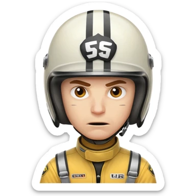 white male racer in helmet, crazy look, taking risks, very serious face, angry sticker