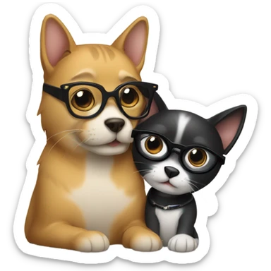 a cat in black glasses hugs a dog in black glasses sticker