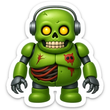Create a fat zombie robot terminator in apple emoji style, front view, with no background. The style should mimic apple style emojis with no background. sticker