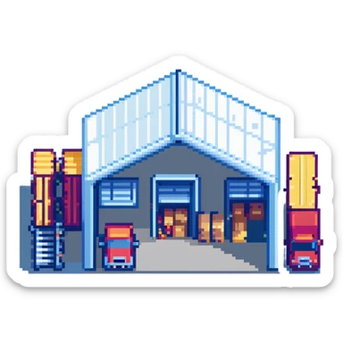 isometric warehouse building with loading dock, shipping containers, and forklift sticker