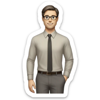 Full height Pale skinned Fit Man With dark brown hair in classic gray suit, beige office shirt, dark gray tie, and vintage glasses. His right hand is directed up sticker