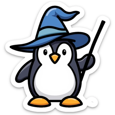wizard penguin wearing a pointy wizard hat and holding a magic wand sticker
