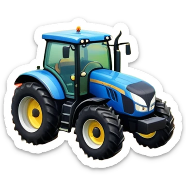 An icon representing a farming simulator, with a detailed tractor plowing fields under a bright sky with bright rural landscape. The design includes farming tools, crops and barns, symbolizing the immersive experience of managing a farm. Transparent background. sticker