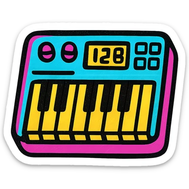 A MIDI keyboard in Pop Colors style, with a futuristic look, metallic accents, digital display, and a mix of vibrant and electric colors. sticker