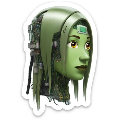 Olive green long hair female cyborg head with circuits sticker