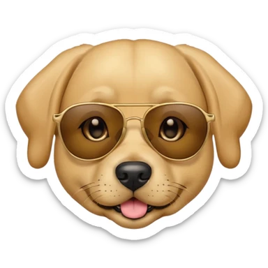 Cartoon emoji-style Labrador retriever dog face, golden/tan color, floppy ears, black nose, expressive brown eyes. Same style as Apple emoji. Add cool black sunglasses over the eyes. sticker