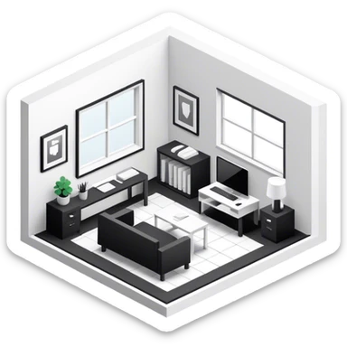 An isometric 3D room with two walls that meet at the back left and right and a Window. Black and White Home Office sticker