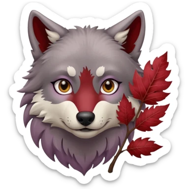 A wolf with lilac gray eyes and holding a weirwood leaf sticker