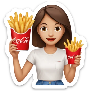 a young woman full length with cola in one hand and french fries in the other hand and a painting under her arm walking left sticker