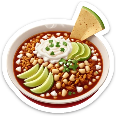 A delicious hot bowl of pozole rojo emoji. Steam rising. Hominy visible. Place the sides next to the bowl: chopped onions, shredded cabbage, lime wedges, red chile de arbol salsa, and full round tostadas with a light smear of sour cream sticker