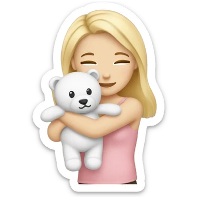White girl with blonde hair cuddling the teddy bear emoji sticker