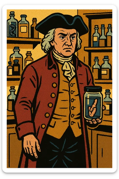 The full body of 1700s surgeon john hunter holding a specimen jar containing a human finger which he is holding by his side. He is in his surgery which contains lots of other medicine bottle and specimen jars sticker