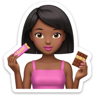 Black barbie, short  black bob  hair, pink dress eating chocalate bar sticker
