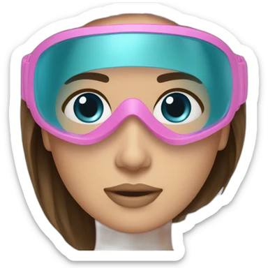 woman large and straight brown hair, pink diving mask with a single crystal-blue eyes sticker