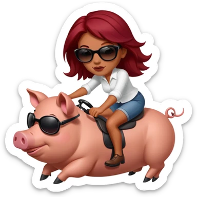Women with dark red hair and slightly tanned skin riding a pig with sunglasses sticker