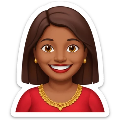 50 yr old chubby Sri Lankan woman, dark skin, straight brown hair, big smile, white teeth, red dress clothes, longer hair straight sticker