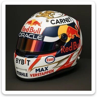 Max Verstappen's racing helmet, all sponsors visible, true F1 colors, detailed and accurate, professional motorsport look, realistic and highly detailed. sticker