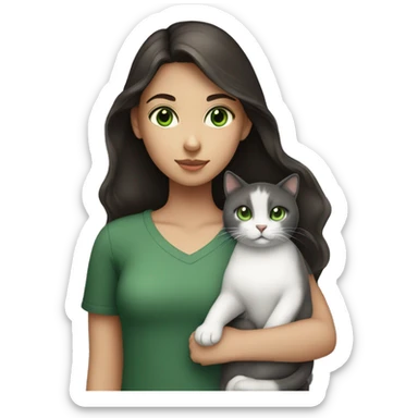 A girl with green eyes and dark brown hair holding a white and dark grey cat  sticker