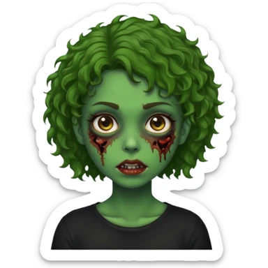 Zombie girl emoji verde com cabelo curto cacheado castanho no ombro com uma blusa preta sticker