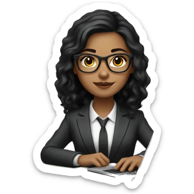 white girl with black hair wearing glasses and a classic suit working on laptop sticker
