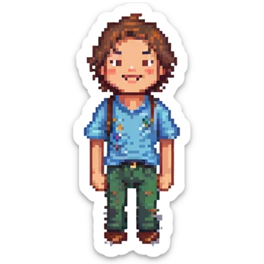brown-haired man without beard or mustache, joyful expression, pixel art style sticker