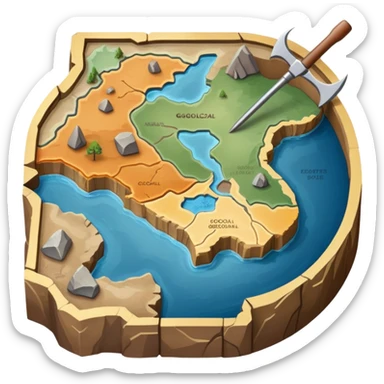 An icon featuring a crowbar and a geological map, and layers of Earth’s crust, symbolizing geology. The design includes mineral samples, fossils, and tectonic plates, representing the study of Earth’s structure and natural processes. Transparent background highlights geological exploration sticker