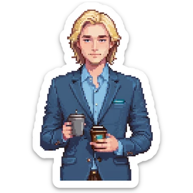 Confident male entrepreneur, Caucasian features, blonde hair, defined eyebrows, slight smile, wearing blue blazer over light blue shirt, holding a smartphone in one hand and a coffee cup in the other, waist-up, front-facing sticker