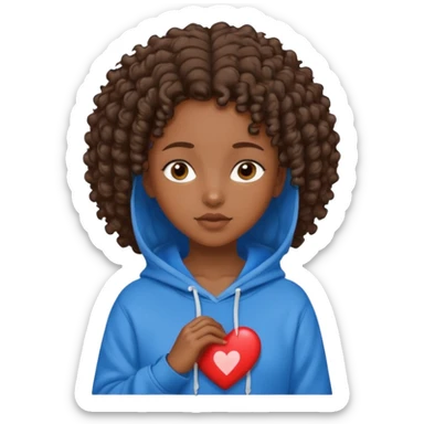 dark-skinned girl with short curly brown hair wearing a blue hoodie with heart and Jesus text sticker