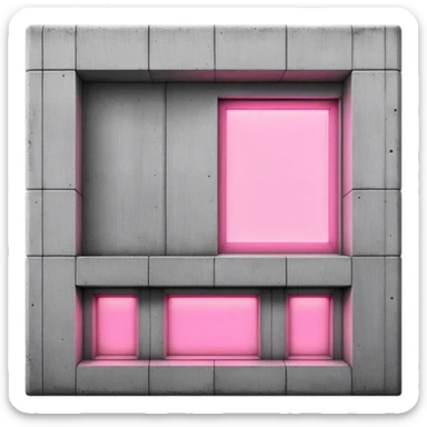 Soviet-style concrete panel building with single pink glowing window, rectangular brutalist design sticker
