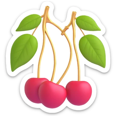Two cherries with golden stems connected, paired with dark green leaves sticker