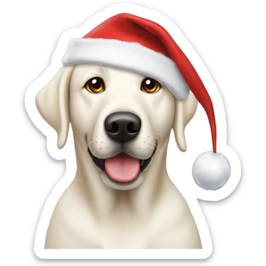 White lab wearing a Christmas hat sticker