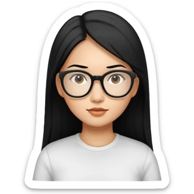 30 yr old asian woman, straight thick long black hair, big black glasses, side part sticker