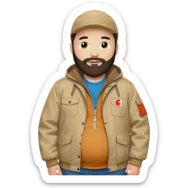 Bearded man with pregnant belly poking out of shirt wearing a tan canvas carhartt jacket next to chinese flag sticker