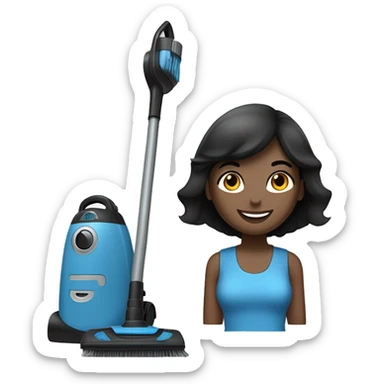 slate blue broom and vacuum cleaner, with a black lady, straight hair, small eyes, smiling sticker